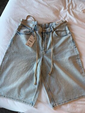 Zara Light Blue Denim Jean Shorts with Drawstring Waist